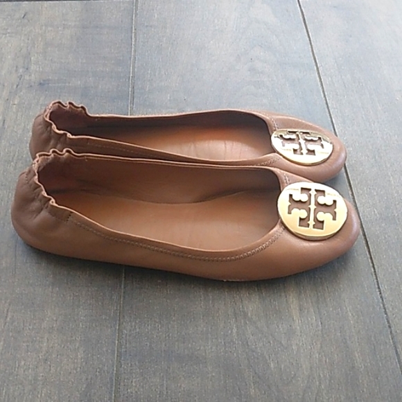 TORY BURCH TAN LEATHER GOLD LOGO BALLET FLATS WOMANS 10 - Picture 3 of 9